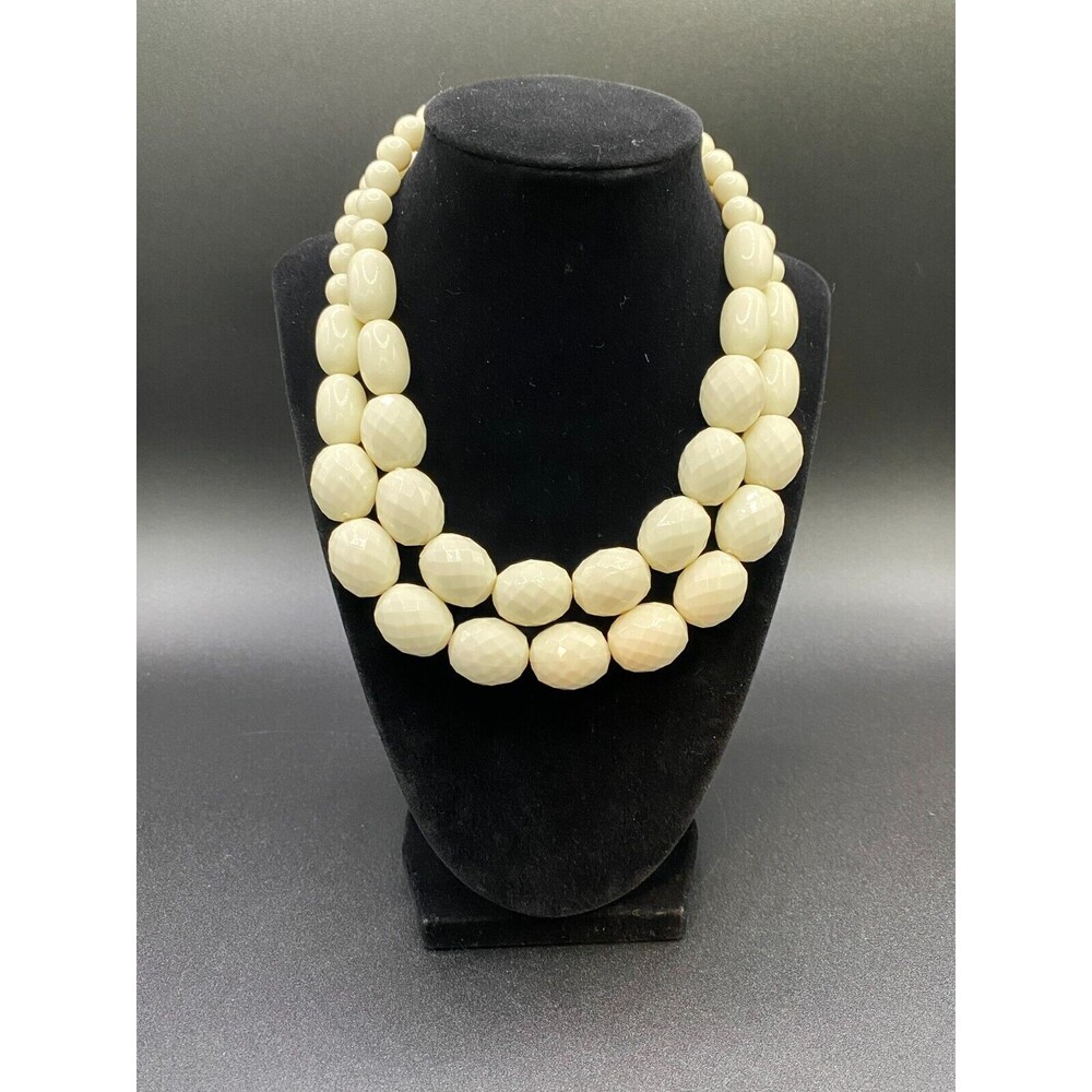 White Plastic Smooth and Faceted Beaded Double Strand Necklace